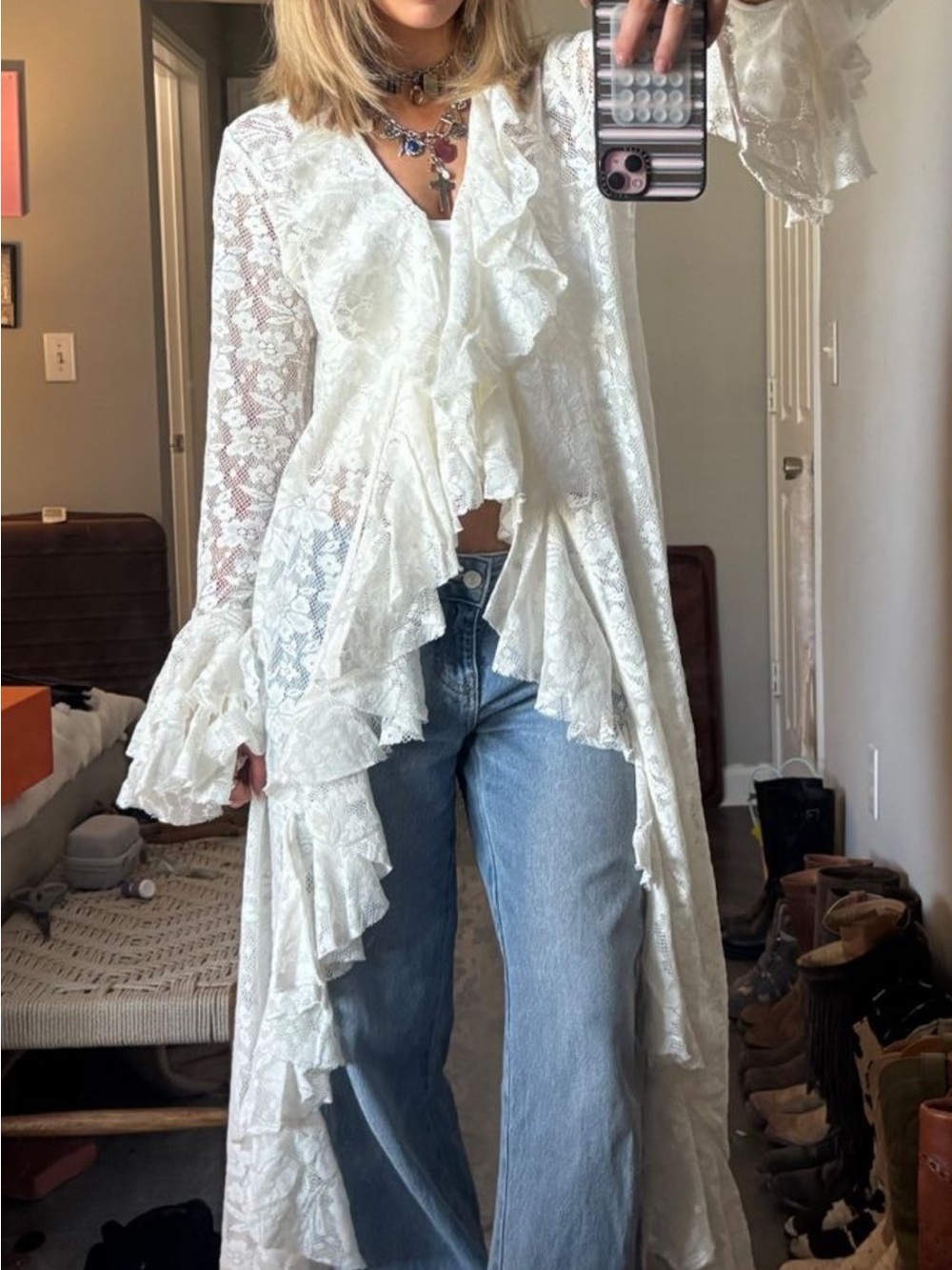 ISO Urban Outfitters White Sheer Lace Cascading Ruffle Cardigan EXACT BRAND 🙏